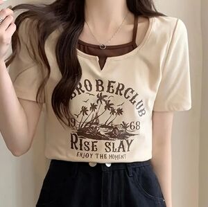 2 In 1 Letter Print T-shirt, Casual Short Sleeve Spaghetti Strap Top For Spring